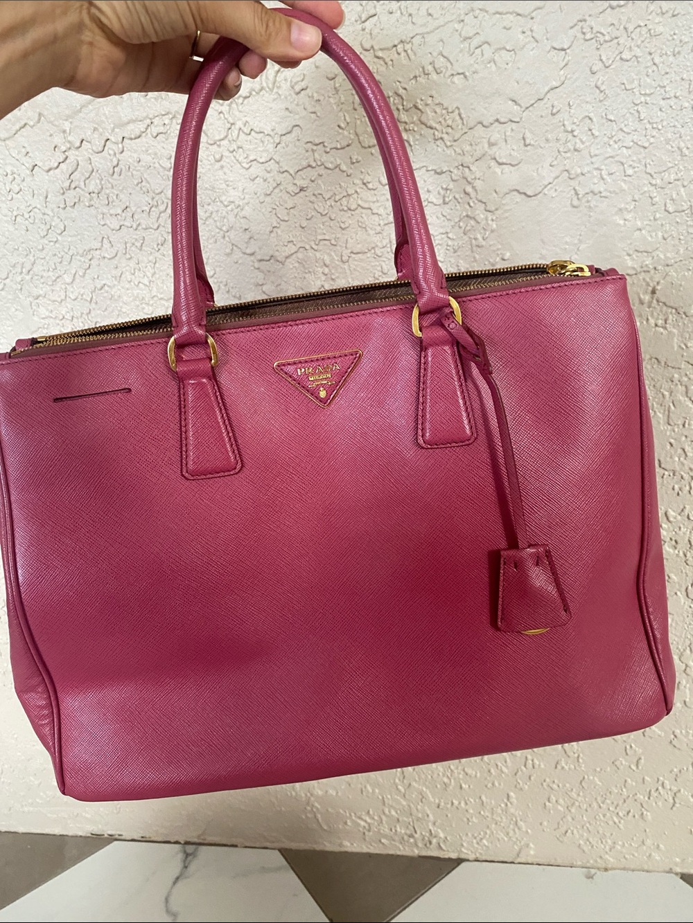 Prada Magenta Saffiano Leather Tote with Gold Hardware